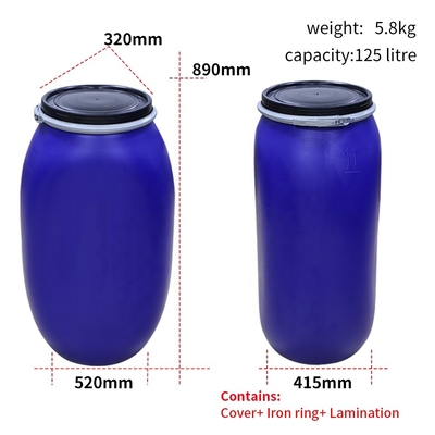 tambour à couvercle serti du HDPE 125L en plastique chimique avec l'anneau de cercle de fer 80 degrés