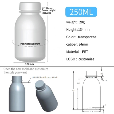 Bouteilles en plastique 250ml 28g d'ANIMAL FAMILIER en plastique clair des produits 34mm de ménage